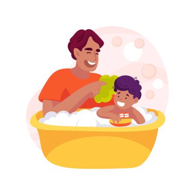 İzole edilmiş bir çizgi film çizimi olan bir çocuk. Kendine bakmayı öğret, bağımsız kişisel hijyen öğren, çocuk banyo yap, kendini yıka, erken eğitim vektör karikatürü..