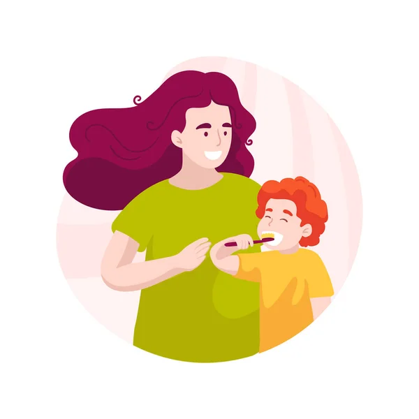 Lär Borsta Tänderna Isolerade Tecknad Vektor Illustration Föräldrar Visar Hur — Stock vektor