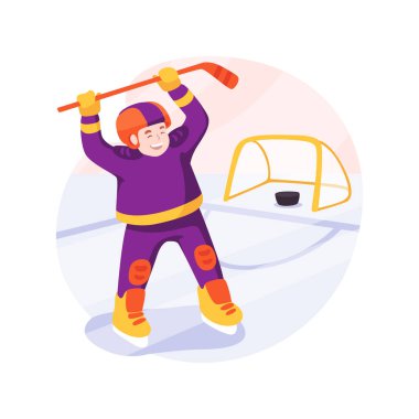 Hedef izole çizgi film vektör çizimi. Mutlu çocuk diski attı, buz hokeyi maçı, bir hedefi kutluyor, sağlıklı ve aktif bir yaşam tarzı, arkadaşlarının karikatürü ile fiziksel aktivite..