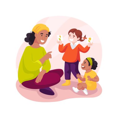 Resim anlatımı izole edilmiş karikatür çizimi. Çocuk resimli bir hikaye yaratıyor, iletişim becerileri geliştirme, erken eğitim, anaokulu çocuk yuvası vektör karikatürü.