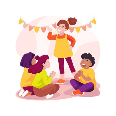 Bir konu izole edilmiş çizgi film çizimi sunumu. Çocuk konu, konuşma, iletişim becerileri, anaokulu, anaokulu çocuk yuvası vektör karikatürü üzerine sözlü sunum yapıyor.