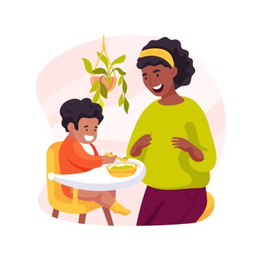 Bir çatal ve kaşıkla izole edilmiş çizgi film çizimi kullanarak. Yemek yemeyi, kişisel bakım becerilerini, çocuk bakımında erken eğitimi, anaokulu, kaşık vektör çizgi filmi tutan çocuk..