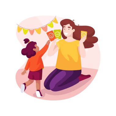 Duyguları tanımlamak karikatür vektör çizimi. Yüz ifadelerini öğren, insan duygularını tanı, sosyal ve duygusal becerileri tanı, kreş, erken eğitim programı vektör karikatürü.