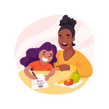 İzole edilmiş bir karikatür çizimi yap. Alışveriş yapmayı öğrenin, mal listesi yapmayı, sosyal beceri geliştirmeyi, erken eğitimi, geçiş dönemi ana okulu çizgi filmi.