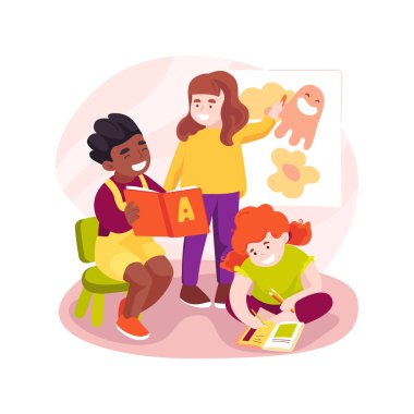 Bağımsız olarak izole edilmiş çizgi film vektör illüstrasyonunu öğrenin. Yetişkinler olmadan çalışmayı öğrenin, bağımsız çalışma, anaokulunda sosyo duygusal beceriler, anaokulu eğitim vektör karikatürü.