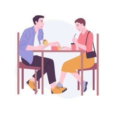 Hızlı öğle yemeği karikatür vektör çizimleri. Kafede oturan mutlu çift, lezzetli sandviçler yiyor, açık hava yiyor, birlikte öğle yemeği yiyor, şehir yaşam tarzı vektör karikatürü çiziyor..
