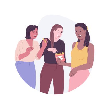 İzole edilmiş çizgi film çizimleri paylaşılıyor. Gülümseyen kızlar birlikte yemek yer, lezzetli yemeklerden zevk alır, abur cubur yerken, boş zamanlarında eğlenir, şehir yaşam tarzı vektör çizgi filminde insanlar.