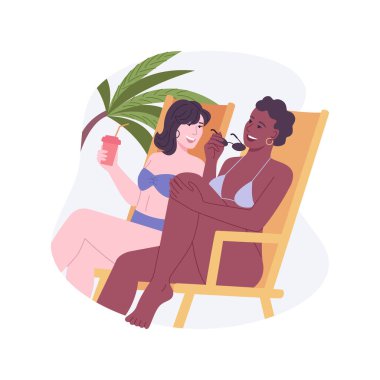 Hafta sonu karikatür çizimleri. Bir grup güler yüzlü kız sahilde güneşlenir ve kokteyl içer, yaz haftasonu, rahatlama havası, arkadaş çizgi filmiyle eğlenir..