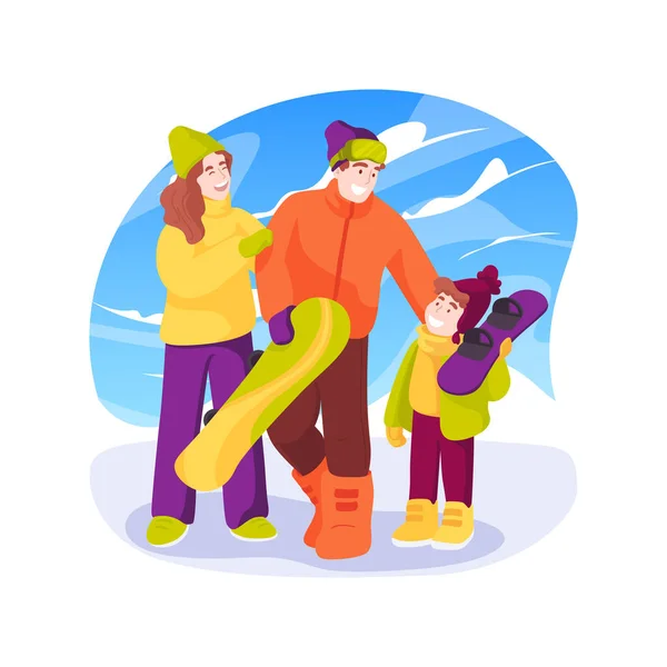 Οικογενειακή Snowboarding Απομονωμένη Απεικόνιση Φορέα Κινουμένων Σχεδίων Ευτυχισμένα Μέλη Της — Διανυσματικό Αρχείο