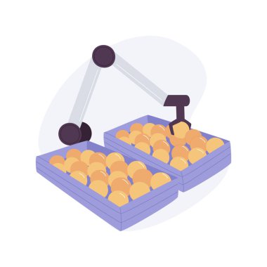 Robotları karikatür vektör çizimlerini seç ve yerleştir. Özerk seçim ve yer makinesi, robot el çalışması, endüstriyel robot, modern teknoloji, yüksek teknoloji endüstrisi vektör karikatürü.