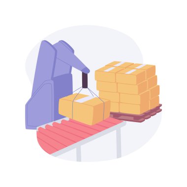 Palletizan robotlar karikatür vektör çizimlerini izole ettiler. Endüstriyel robotlar kutuları yükleyip boşaltıyorlar, modern teknoloji, paketleme süreci, dağıtım işi karikatürü.