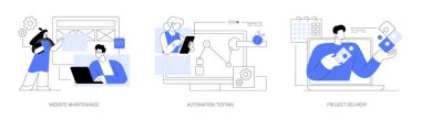 Web geliştirme ve soyut konsept vektör illüstrasyon setini desteklemek. Web sitesi bakımı, otomasyon testi, proje dağıtımı, zaman ve bütçe, güvenlik analizi ve soyut metaforu güncelleme.