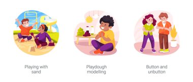 Fine motor skills in childcare isolated cartoon vector illustration set. Playing with sand, playdough modelling, button and unbutton, kinetic playground, hand and finger development vector cartoon.