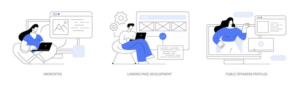 Abstraktní Sada Vektorových Ilustrací Služby Webového Vývoje Microsites Landing Page — Stockový vektor