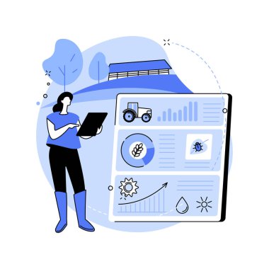 Akıllı tarımsal gösterge paneli karikatür vektör çizimleri. Tabletli çiftçi akıllı gösterge paneli kullanıyor, tarım endüstrisi, IoT vektör çizgi filmi gibi teknolojileri kullanarak tarım sektörünü yönetiyor..