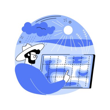 İklim İzleme karikatür vektör çizimleri. Cihazı olan çiftçi iklimi, modern tarımı, akıllı tarımı, IoT vektör karikatürü gibi teknolojileri kullanarak çiftlikleri yönetiyor..