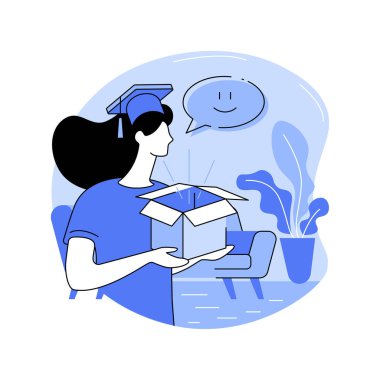 Kampüste izole edilmiş karikatür çizimleri var. Gülümseyen öğrenci kampüse geliyor, elinde kutular, kabul süreci, yurttaki vektör karikatürüne geçiyor..