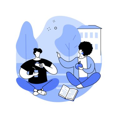 İzole edilmiş çizgi film çizimleri atıştırılıyor. Gençler dışarıda birlikte atıştırmalık yerler, sandviçlerini ellerinde tutarlar, arkadaşlarıyla, öğrenci hayatıyla, kampüs günlük rutin vektör karikatürleriyle vakit geçirirler..