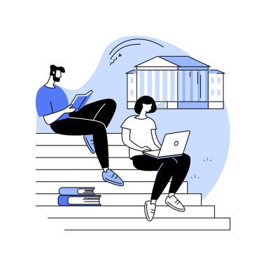 İzole edilmiş vektör çizimleri inceleniyor. Ellerinde dizüstü bilgisayarları olan üniversite öğrencileri, dışarıda eğitim dersleri için hazırlanıyorlar, kampüsün günlük rutin vektör karikatürü..