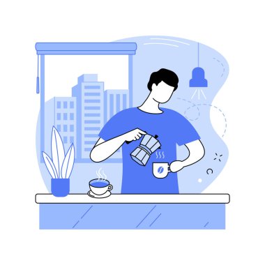 İtalyan tarzı kahve izole edilmiş çizgi film çizimleri. Gülümseyen adam moka demliğinde İtalyan kahvesi yapıyor, evde sıcak içecekler hazırlıyor, sabah ayinleri yapıyor, espresso vektör çizgi filminden zevk alıyor..