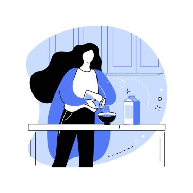 Ev yapımı granola karikatür vektör çizimleri. Genç kadın tahıl gevreğini sütle hazırlıyor, ev yapımı kahvaltı hazırlıyor, ev yapımı mutfak aletleri, sağlıklı yaşam tarzı vektör karikatürü..