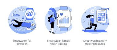 Smartwatch uygulamaları izole edilmiş çizgi film vektör çizimleri seti. Sonbahar algılama özelliği, kadın kontrol döngüsü uygulaması, etkinlik izleme, fitness ve sağlık vektör karikatürü kullanarak.