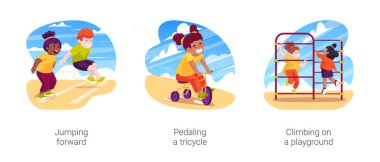 Physical development milestones isolated cartoon vector illustration set. Jumping forward, pedaling a tricycle, climbing on playground, kindergarten sport activity, early education vector cartoon.