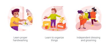 Self-care and personal hygiene skills for kids isolated cartoon vector illustration set. Learn proper handwashing, learn to organize things, independent dressing and grooming vector cartoon.