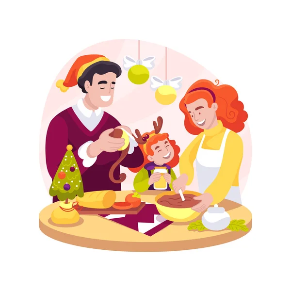 一緒に孤立した漫画のベクトルイラストを調理 家族はクリスマスのお祝いのためのキッチンで食べ物を調理 宗教的な休日の精神 一緒にクリスマスの時間ベクトル漫画 — ストックベクタ