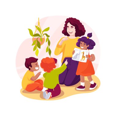 Hayvanlar hakkında karikatür çizimi öğrenin. Bebek resimli bir kitap okur, çocuk hayvan sesini taklit eder, oyun yoluyla öğrenir, erken eğitim, anaokulu vektör çizgi filmi.