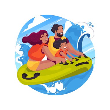 İzole edilmiş karikatür vektör çizimi. Büyük şişirilmiş bir metroda oturan aile, su parkı eğlence aktivitesi, aileleriyle gezen çocuklar, tüp çekimi, su vektörü karikatürü..