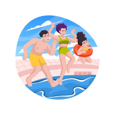 İzole edilmiş bir karikatür vektör çizimine atlamak. Aile havuzda eğleniyor, yaz tatili, ebeveynler çocukların elini tutuyor, su sıçratıyor, su vektörü çizgi filmine atlıyorlar..