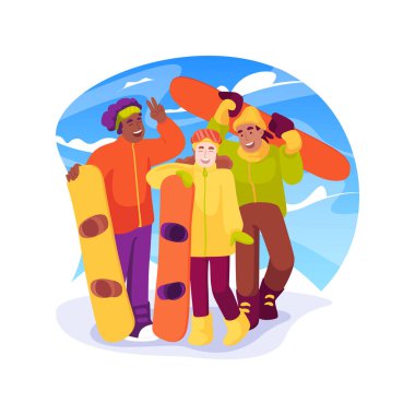 Snowboard karikatür vektör çizimi. Snowboard yapan, ekipman tutan, aşırı kış sporu yapan, aktif yaşam tarzı olan, adrenalin vektörü karikatürü alan bir grup genç..