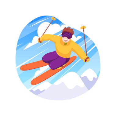 Ekstrem kayak karikatür vektör çizimi. Özel ekipmanlı genç kayak, ekstrem kış sporu, aktif yaşam tarzı ve maceralardan zevk alıyor, sıçrama vektörü çizgi filmi yapıyor..