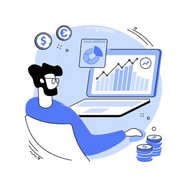 Trading platform isolated cartoon vector illustrations. Man with laptop using trading platform, diagram on the screen, money investment, financial exchange, stock market industry vector cartoon.