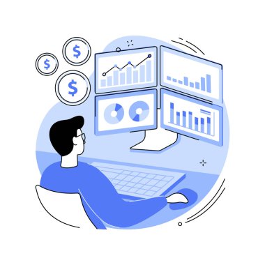 Stock market trader isolated cartoon vector illustrations. Professional stock market trader looks at projected graphs and diagrams, information on the screen, money investment vector cartoon.