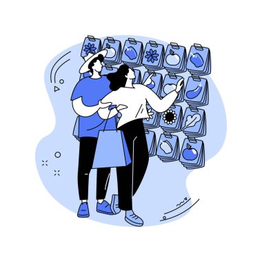 Tohum kaynağı karikatür vektör çizimlerini izole etti. Dükkandan tohum toplayan çiftçiler, tarım sektörü, tarım giriş sektörü, bahçıvanlık sezonu hazırlık vektör çizgi filmi.