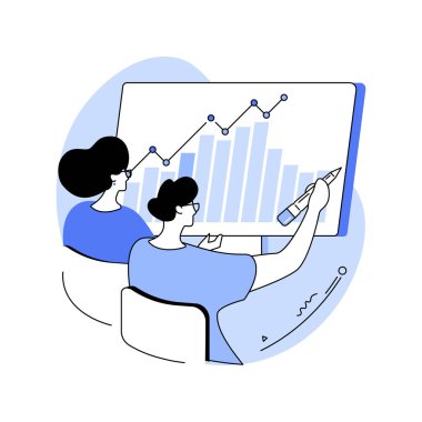 Ekonomi analisti karikatür vektör çizimlerini izole etti. Ekonomi analisti borsayı, iş adamlarını, monitördeki grafikleri, para yatırımı danışmanlık vektör karikatürünü analiz eder..
