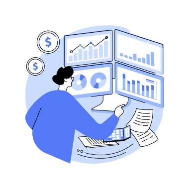 Finansal analist karikatür vektör çizimlerini izole etti. Borsa, düşen ve yükselen fiyatlar, iş adamları, para yatırımı vektör karikatürü gibi finansal verileri analiz eden kendine güvenen bir adam.