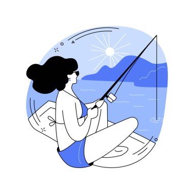 İzole edilmiş karikatür vektör çizimleri. Yaz tatilinde teknede tek başına balık tutan genç bir kız, bir çubuk, insanların yaşam tarzı, tatil zamanı, aktif hobi fikir karikatürü..