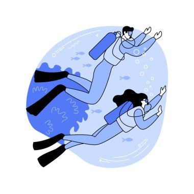 Açık su dalışı kursu karikatür vektör çizimleri. Gezgin, hoca ile açık deniz dalışı, yaz tatili, eğlence amaçlı tüplü dalış, giriş seviyesi kurs vektör karikatürü.