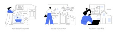 Gayrimenkul listeleme hizmetleri soyut konsept vektör çizim seti. Emlak fotoğrafçılığı, video turu ve zemin planı, emlak ajansı reklamı, açık ev, sanal kurgu metaforu..