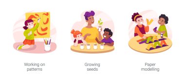 İzole edilmiş çizgi film vektör çizimlerinde düşünme ve öğrenme becerileri gelişiyor. Kalıplar, büyüyen tohumlar, kağıt modelleme, çizim ve müzik egzersiz vektörü karikatürü üzerinde çalışmak.