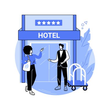 Kapıcı servisi karikatür vektör çizimlerini izole etti. Gülümseyen kapıcı bir otele hoş geldin diyor, konukseverlik işi, profesyonel kapıcı, seyahat servisi, mutlu eğlence vektör karikatürü.