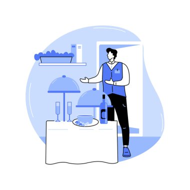 Oda servisi karikatür vektör çizimlerini izole etti. Profesyonel otel hizmetçisi odaya kahvaltı getiriyor, dinlenme ve konukseverlik işi, otel odası servisi, lüks otel vektör karikatürü.