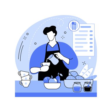 Pansiyon kahvaltısı karikatür vektör çizimleri. Pansiyon işçisi kahvaltı, konukseverlik işi, profesyonel hizmet, eğlence sektörü, seyahat ve iş vektör karikatürü sunuyor..