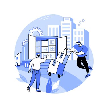 Kamyon izole çizgi film çizimleri yüklüyor. Profesyonel taşımacılık şirketinin kutuları kamyona yükleme işi, küçük işletme, ulaşım endüstrisi, tam servis taşıyıcıları vektör karikatürü.