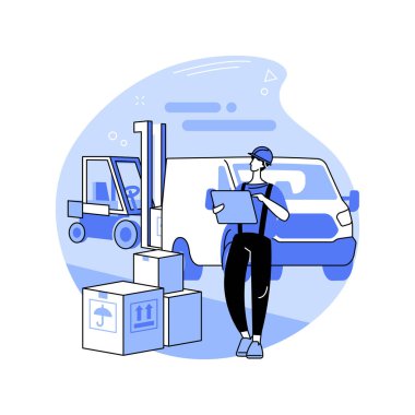 Envanteri izole edilmiş çizgi film çizimleri yapıyorum. Tam hizmet nakliyecisi envanter yapıyor, tableti elinde tutuyor, küçük işletme, profesyonel şirket yöneticisi vektör karikatürü.