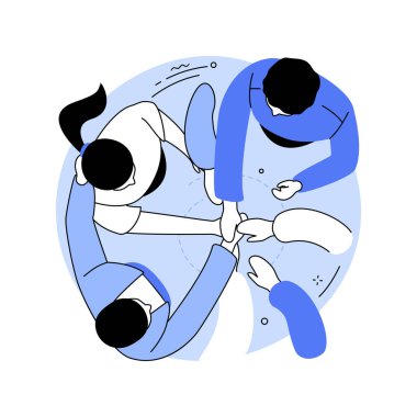 Ekip karikatür vektör çizimleri oluştursun. Bir grup insan, çöpçü avcısı takım olur, pozitif ruh, bir çember oluşturun, şehir arayışını geçin, işbirliği fikri karikatürü..