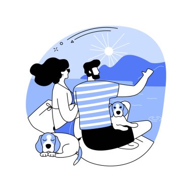 Köpek kumsalı karikatür vektör çizimleri. Mutlu çift kumsalda sevimli bir köpekle oturur, sevimli bir evcil hayvanla birlikte vakit geçirirler, tasmalı bir köpek yavrusu, okyanus vektör karikatürünün yanında boş zaman geçirirler..